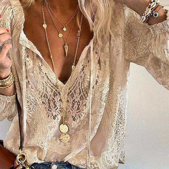 Vivien Blouse Femme – Élégante Blouse en Dentelle avec Nœud & Détails Transparents - Image 3