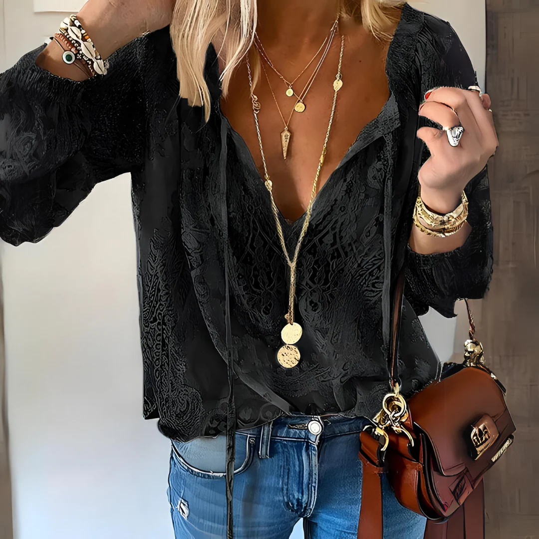 Vivien Blouse Femme – Élégante Blouse en Dentelle avec Nœud & Détails Transparents - Image 4